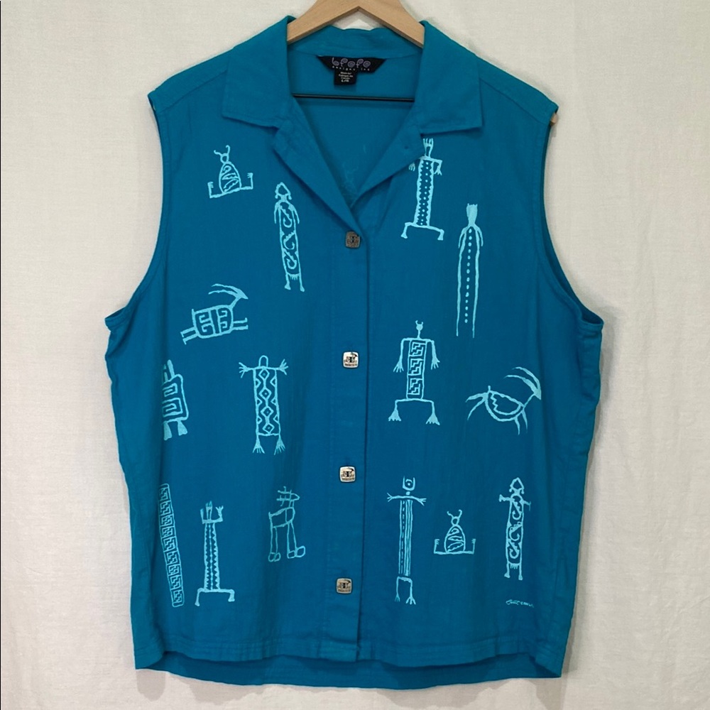BFOFO Women's Aztec Cotton Petroglyph Shirt Sleeveless Large Artsy Vintage‎
